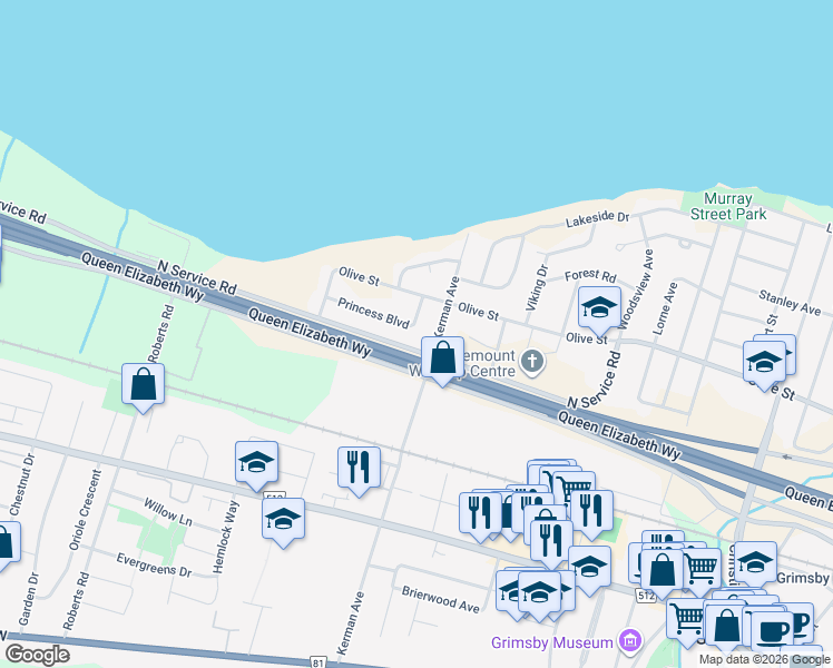 map of restaurants, bars, coffee shops, grocery stores, and more near 17 Princess Boulevard in Grimsby