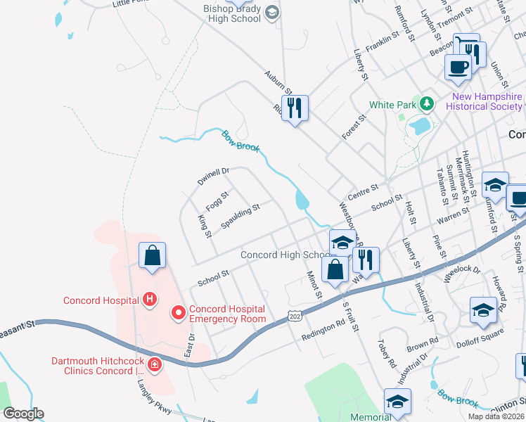 map of restaurants, bars, coffee shops, grocery stores, and more near 3 Spaulding Street in Concord