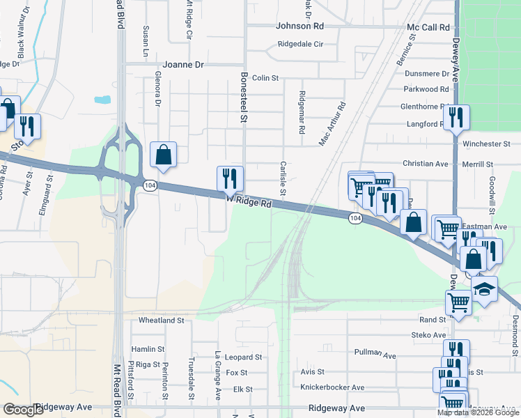 map of restaurants, bars, coffee shops, grocery stores, and more near 901 West Ridge Road in Rochester