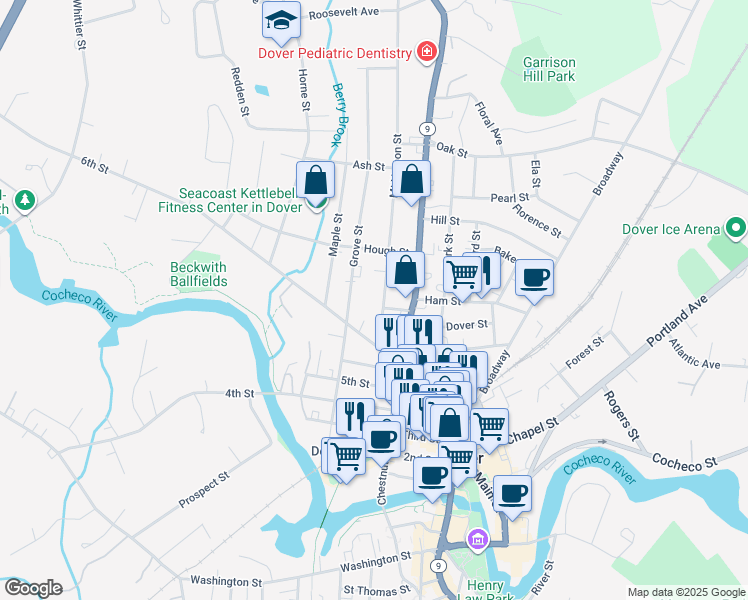 map of restaurants, bars, coffee shops, grocery stores, and more near 59 Grove Street in Dover