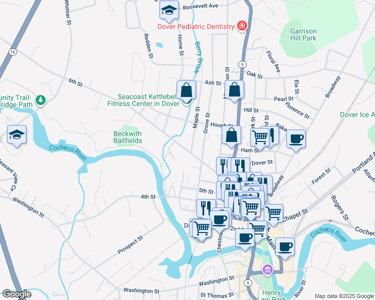 map of restaurants, bars, coffee shops, grocery stores, and more near 2 Maple Street in Dover