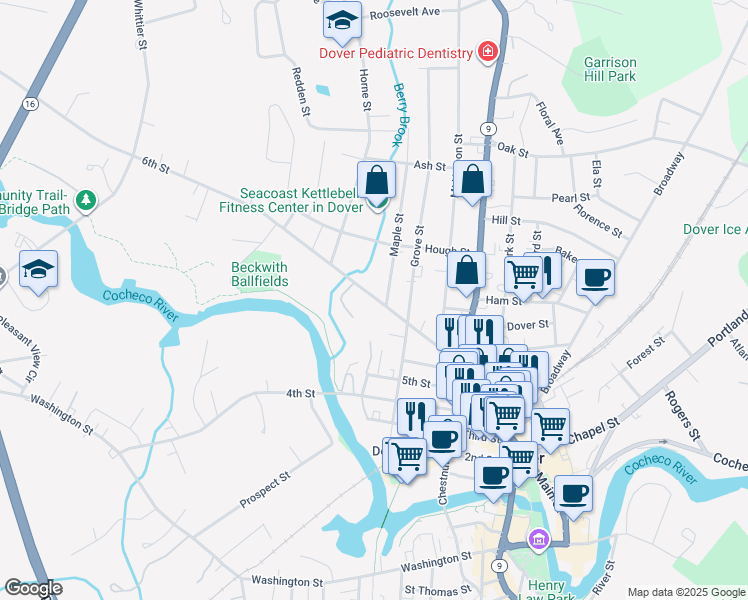 map of restaurants, bars, coffee shops, grocery stores, and more near 2 Maple Street in Dover