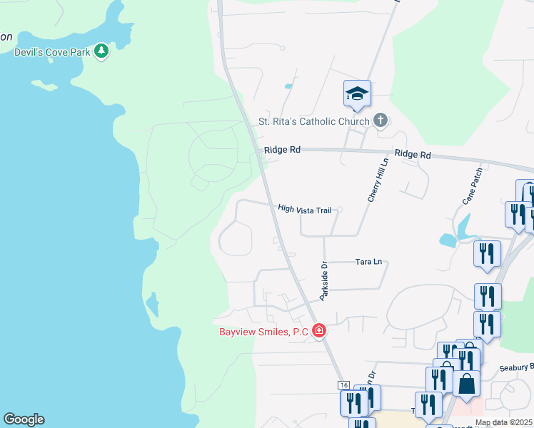 map of restaurants, bars, coffee shops, grocery stores, and more near 1063 High Vista Trail in Webster