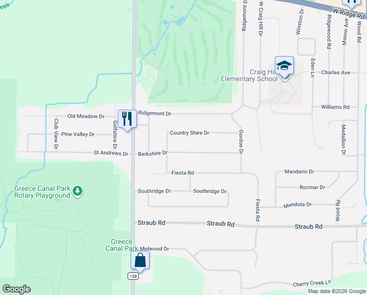 map of restaurants, bars, coffee shops, grocery stores, and more near 174 Berkshire Drive in Rochester
