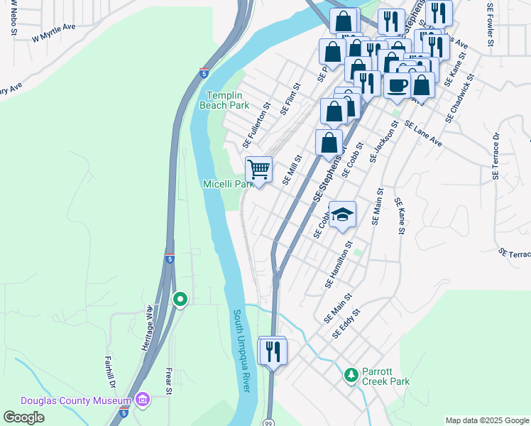 map of restaurants, bars, coffee shops, grocery stores, and more near 433 Southeast Burke Avenue in Roseburg