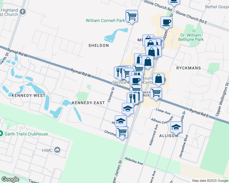 map of restaurants, bars, coffee shops, grocery stores, and more near 19 Christie Street in Hamilton
