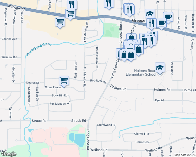 map of restaurants, bars, coffee shops, grocery stores, and more near 60 Red Rock Road in Rochester