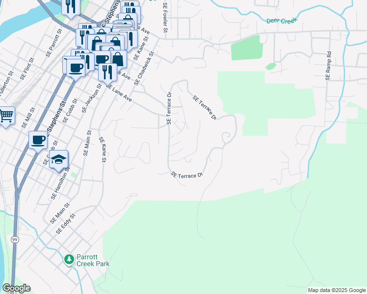 map of restaurants, bars, coffee shops, grocery stores, and more near 1303 Southeast Florida Avenue in Roseburg