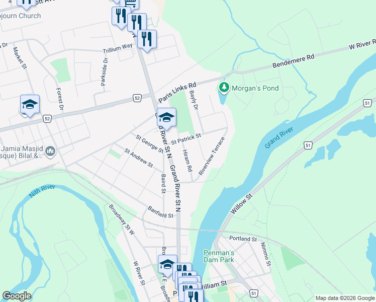 map of restaurants, bars, coffee shops, grocery stores, and more near 12 Horace Drive in Brant