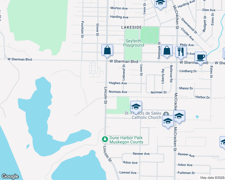 map of restaurants, bars, coffee shops, grocery stores, and more near 2360 Norman Avenue in Norton Shores