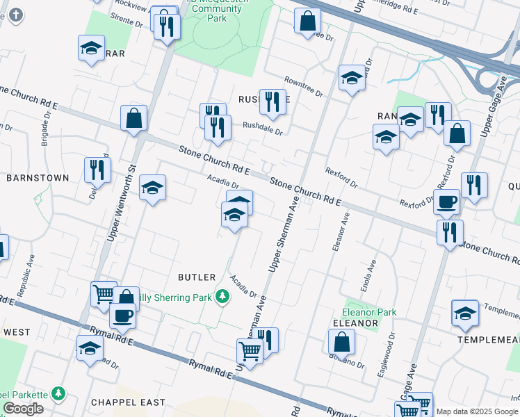 map of restaurants, bars, coffee shops, grocery stores, and more near 15 Beaverton Drive in Hamilton