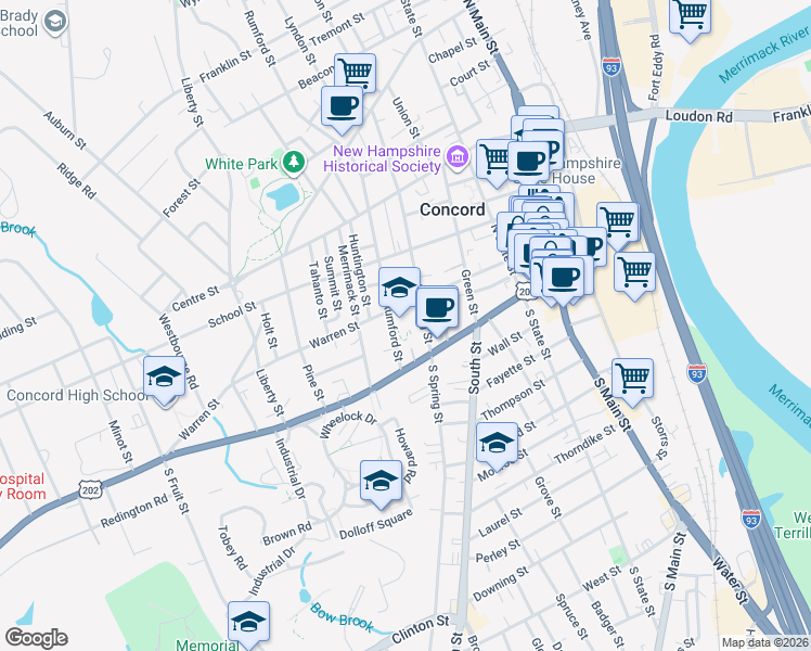 map of restaurants, bars, coffee shops, grocery stores, and more near 17 North Spring Street in Concord