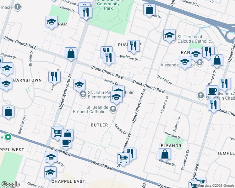 map of restaurants, bars, coffee shops, grocery stores, and more near 23 Amherst Circle in Hamilton