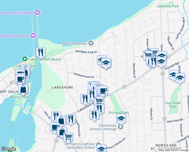 map of restaurants, bars, coffee shops, grocery stores, and more near 41 Kimbermount Drive in Saint Catharines