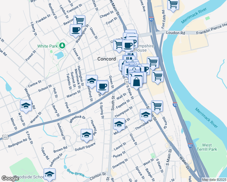 map of restaurants, bars, coffee shops, grocery stores, and more near 0 Green Street in Concord