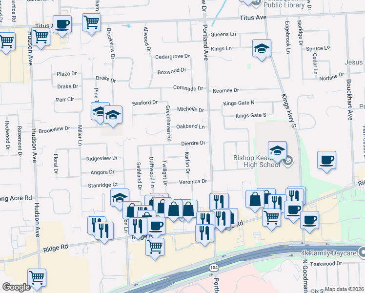 map of restaurants, bars, coffee shops, grocery stores, and more near 135 Dierdre Drive in Rochester