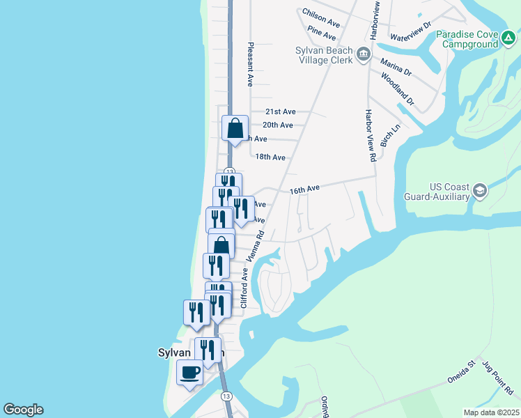 map of restaurants, bars, coffee shops, grocery stores, and more near in Sylvan Beach