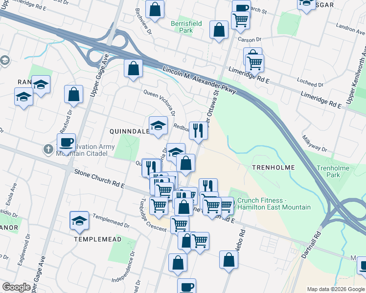 map of restaurants, bars, coffee shops, grocery stores, and more near 35 Rangeview Court in Hamilton