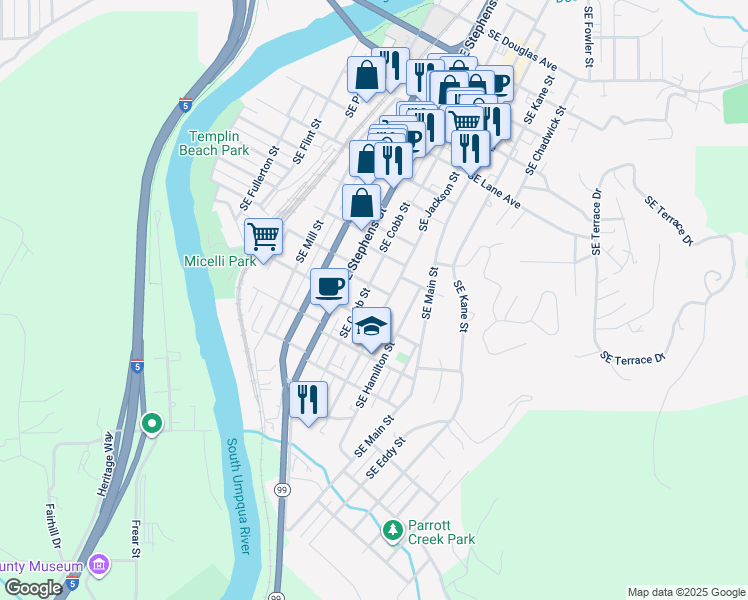 map of restaurants, bars, coffee shops, grocery stores, and more near 1325 Southeast Cobb Street in Roseburg