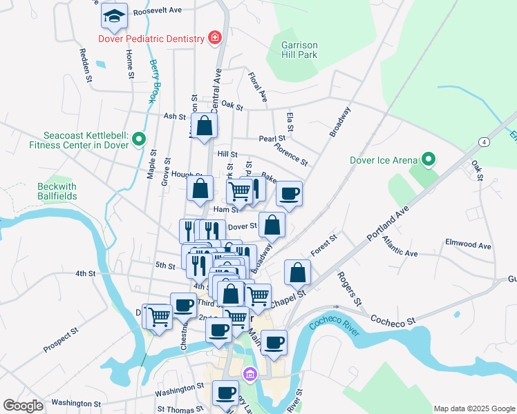 map of restaurants, bars, coffee shops, grocery stores, and more near 23 Everett Street in Dover