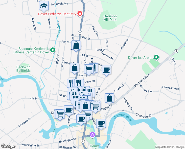 map of restaurants, bars, coffee shops, grocery stores, and more near 18 Ham Street in Dover