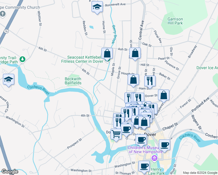map of restaurants, bars, coffee shops, grocery stores, and more near 2 Maple Street in Dover