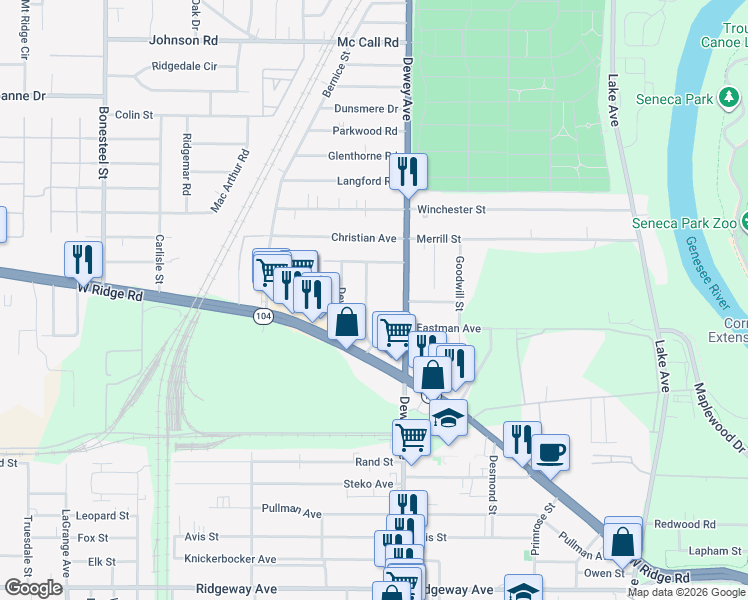 map of restaurants, bars, coffee shops, grocery stores, and more near 90 Mayflower Street in Rochester