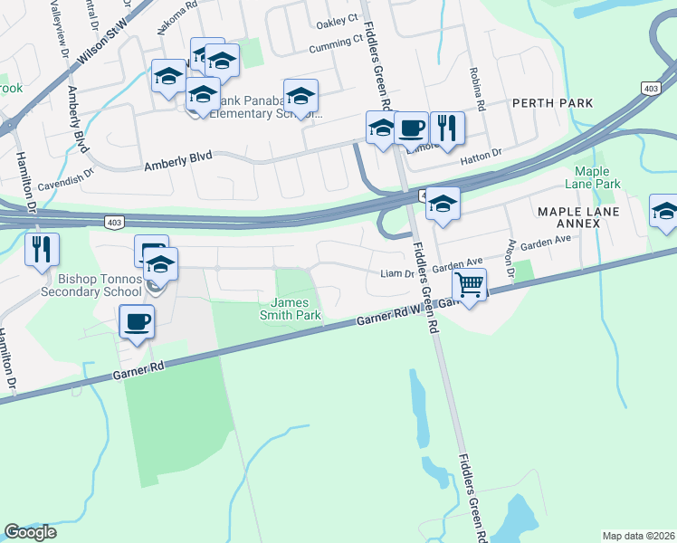 map of restaurants, bars, coffee shops, grocery stores, and more near 66 Liam Drive in Hamilton
