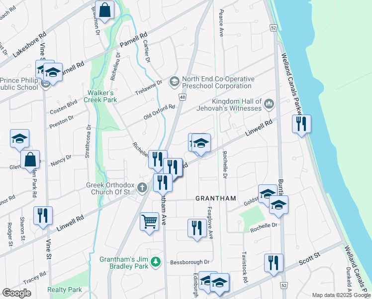 map of restaurants, bars, coffee shops, grocery stores, and more near 7 Glencairn Drive in St. Catharines