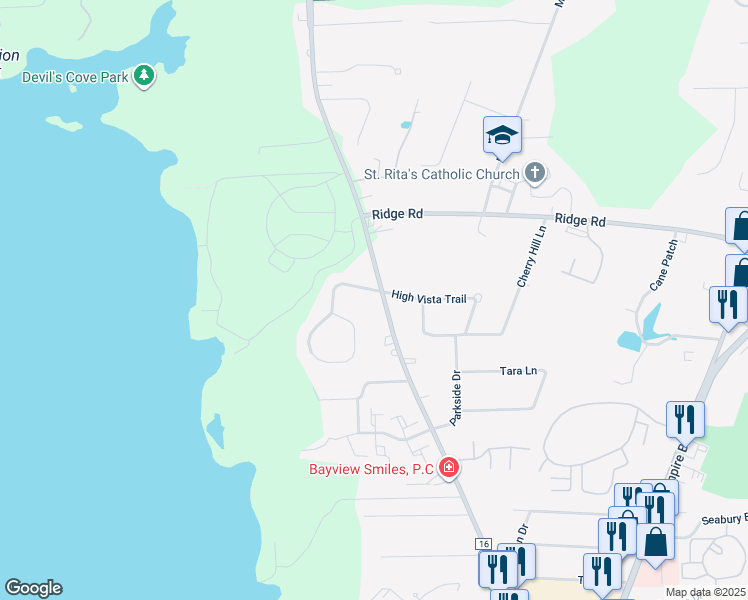 map of restaurants, bars, coffee shops, grocery stores, and more near 1063 High Vista Trail in Webster