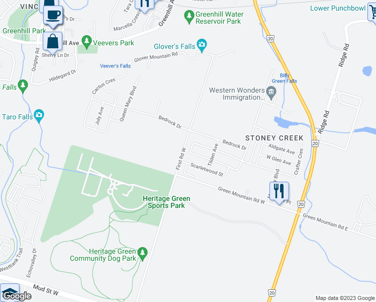 map of restaurants, bars, coffee shops, grocery stores, and more near 60 Pagebrook Crescent in Hamilton