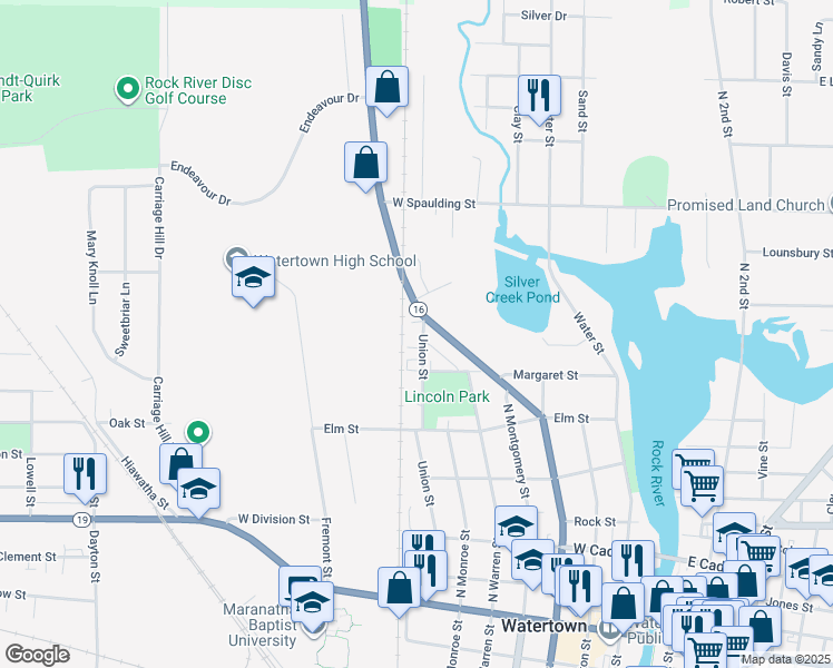 map of restaurants, bars, coffee shops, grocery stores, and more near 610 Union Street in Watertown