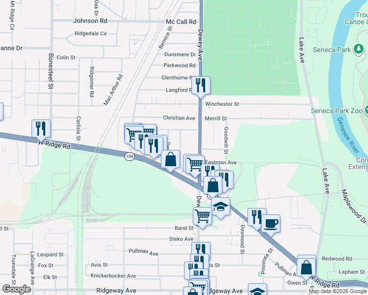 map of restaurants, bars, coffee shops, grocery stores, and more near 90 Mayflower Street in Rochester