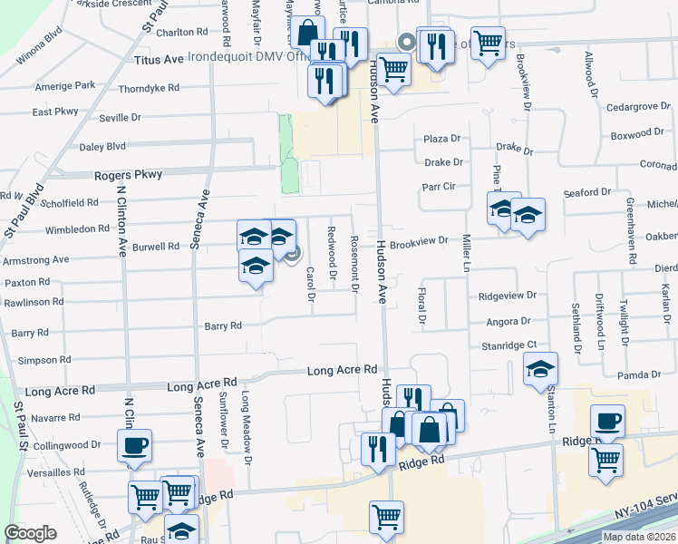 map of restaurants, bars, coffee shops, grocery stores, and more near 28 Redwood Drive in Irondequoit