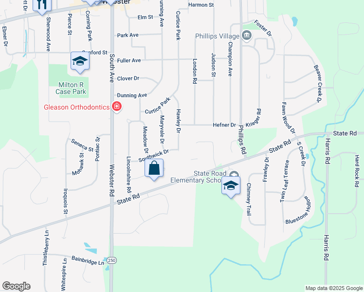 map of restaurants, bars, coffee shops, grocery stores, and more near 38 Hawley Drive in Webster