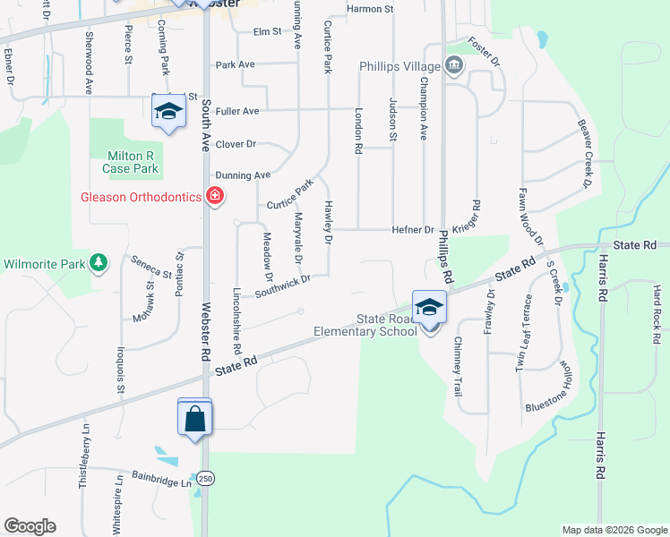 map of restaurants, bars, coffee shops, grocery stores, and more near 38 Hawley Drive in Webster