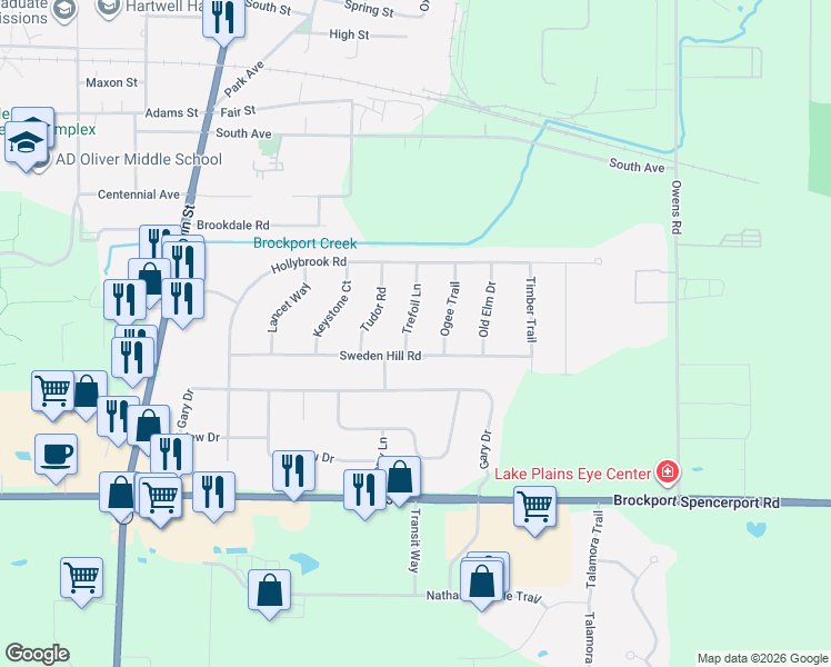 map of restaurants, bars, coffee shops, grocery stores, and more near 25 Trefoil Lane in Brockport