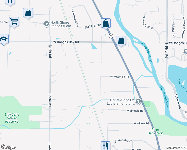 map of restaurants, bars, coffee shops, grocery stores, and more near 5328 West Westfield Road in Mequon