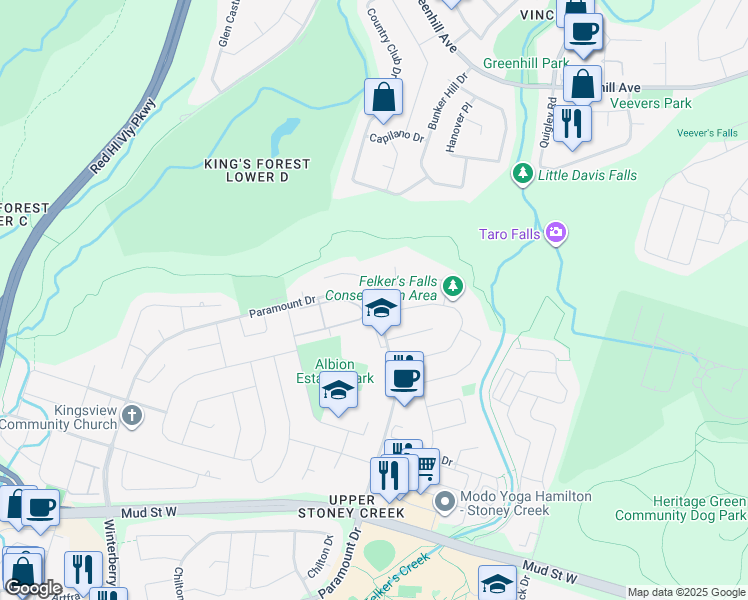 map of restaurants, bars, coffee shops, grocery stores, and more near 2 Audubon Street North in Hamilton