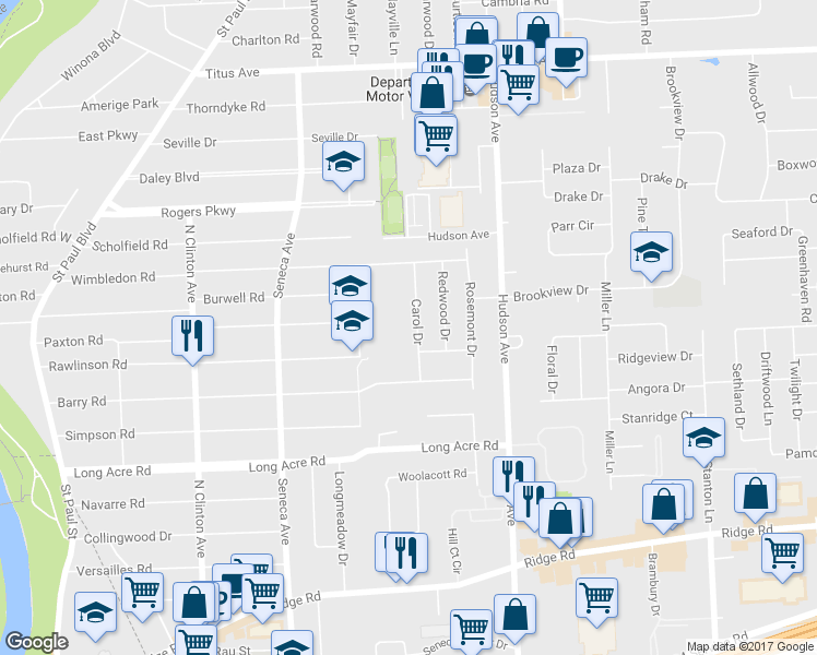 map of restaurants, bars, coffee shops, grocery stores, and more near 75 Carol Drive in Rochester