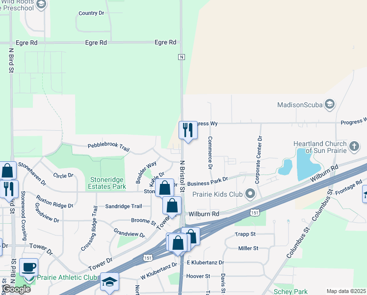 map of restaurants, bars, coffee shops, grocery stores, and more near 1905 County Highway N in Sun Prairie