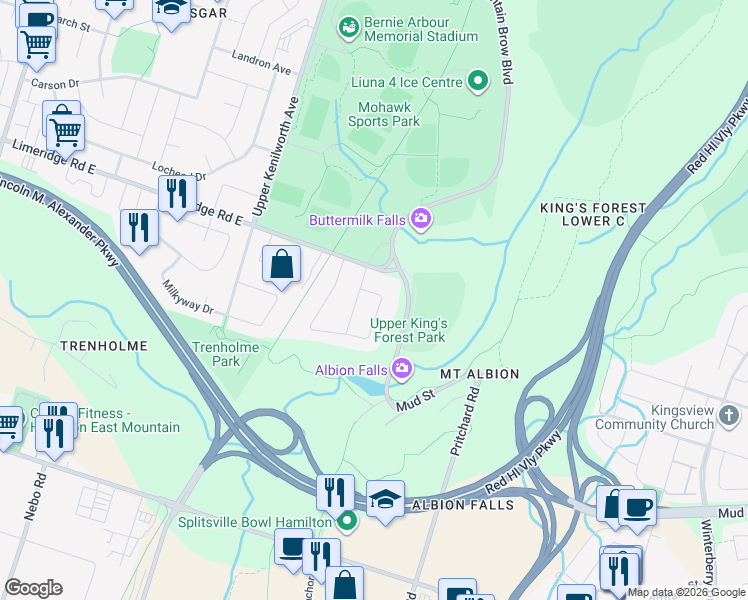 map of restaurants, bars, coffee shops, grocery stores, and more near 157 Albion Falls Boulevard in Hamilton