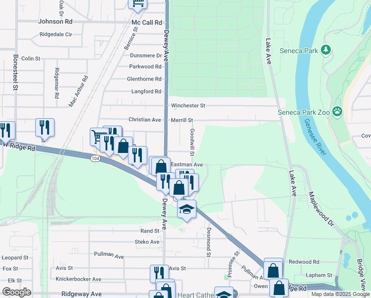map of restaurants, bars, coffee shops, grocery stores, and more near 20 Velox Street in Rochester