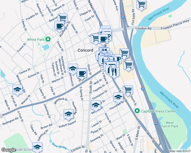 map of restaurants, bars, coffee shops, grocery stores, and more near 35 Pleasant Street in Concord