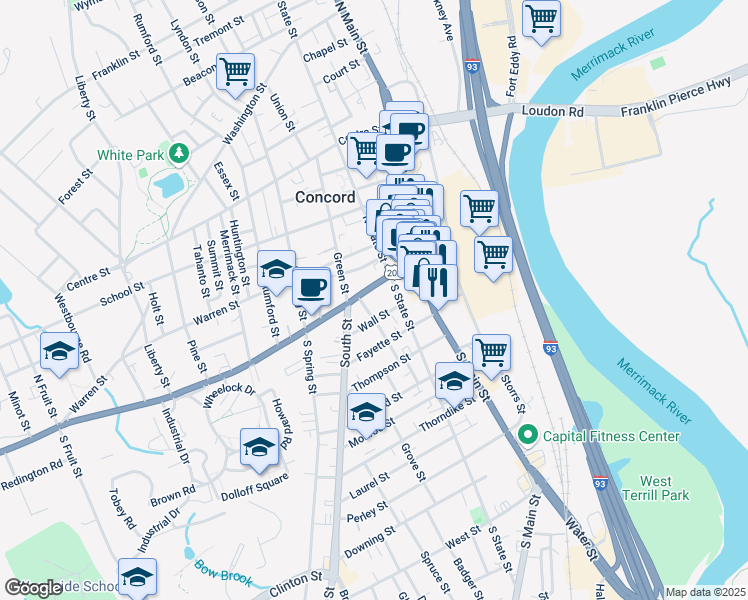map of restaurants, bars, coffee shops, grocery stores, and more near 33 Pleasant Street in Concord