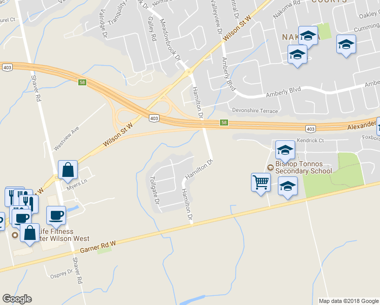 map of restaurants, bars, coffee shops, grocery stores, and more near 203 Tollgate Drive in Hamilton