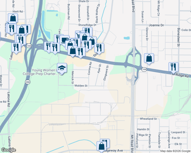 map of restaurants, bars, coffee shops, grocery stores, and more near 93 Ayer Street in Rochester