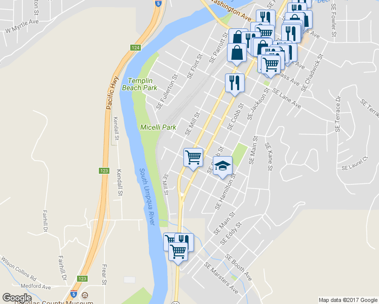 map of restaurants, bars, coffee shops, grocery stores, and more near 1433 Southeast Mill Street in Roseburg