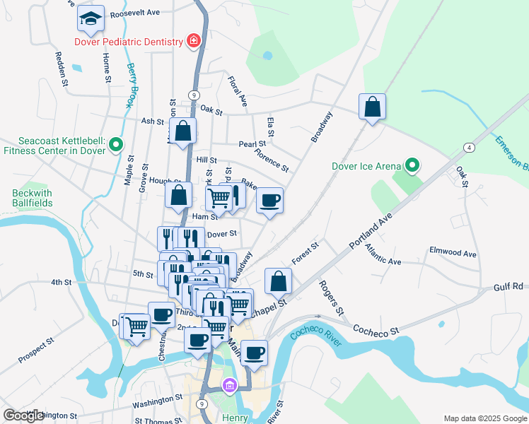 map of restaurants, bars, coffee shops, grocery stores, and more near 78 Broadway in Dover