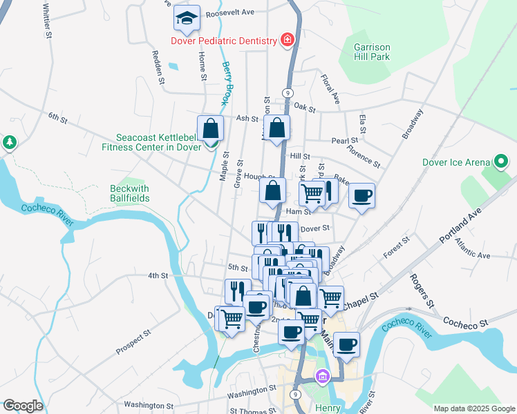map of restaurants, bars, coffee shops, grocery stores, and more near 27 Mount Vernon Street in Dover